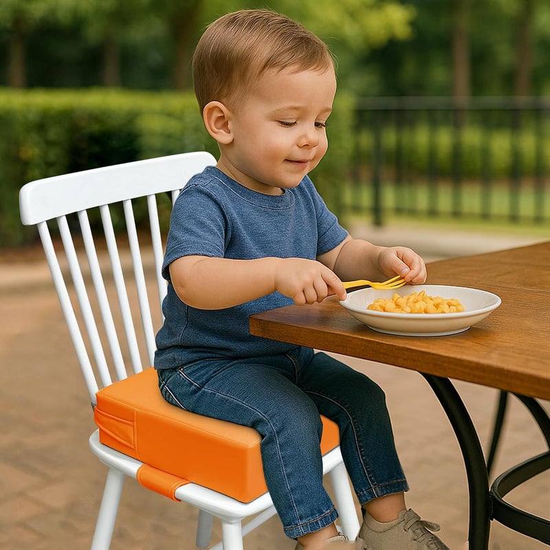 AAAini Toddler Booster Seat for Dining Table – PU Washable Cushion with Double Safe Straps, Non-Slip Bottom, Portable Travel Booster Seat for Toddlers (Orange) - Image 3